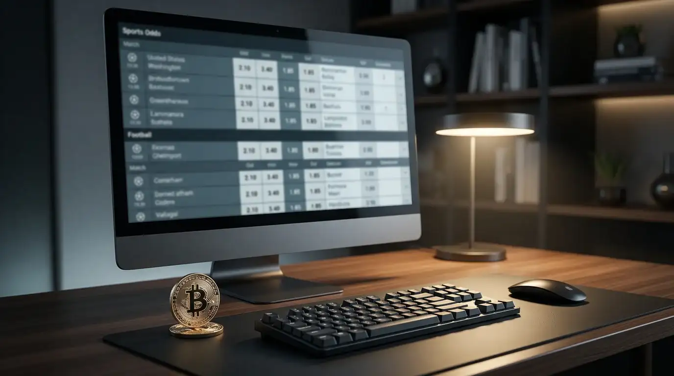 Cotes bookmaker crypto : écran affichant des cotes de paris sportifs avec symbole Bitcoin