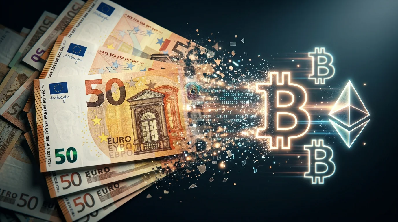 Modèle fiat-to-crypto : billets euros se transformant en symboles Bitcoin et Ethereum