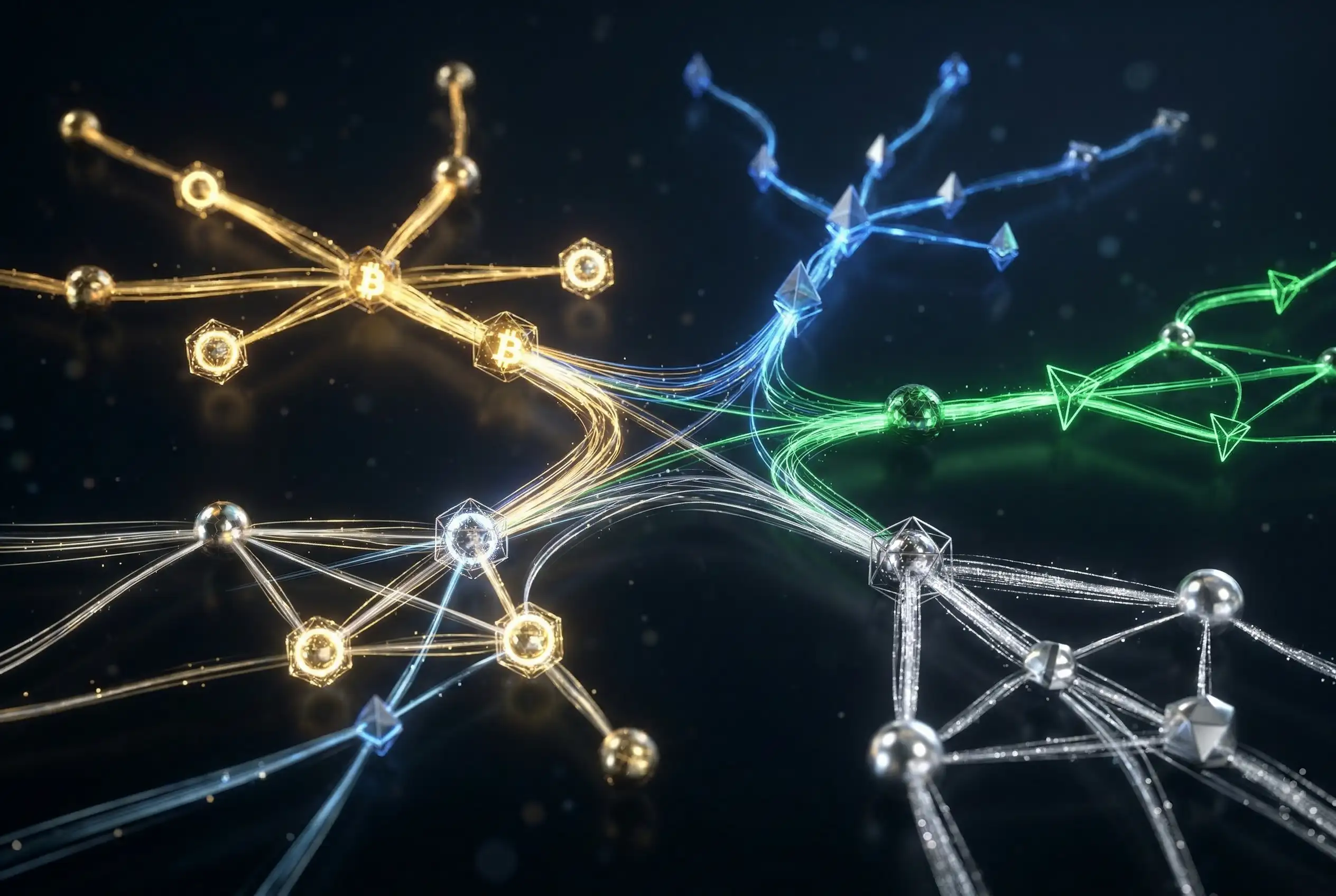 Frais de transaction blockchain : réseau de connexions lumineuses symbolisant différentes blockchains