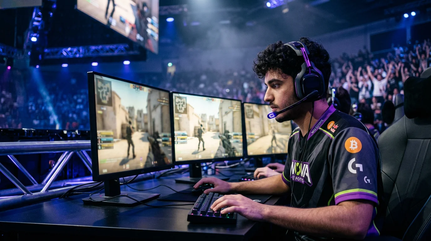 Paris crypto e-sport : joueur professionnel avec casque devant écrans de compétition CS2