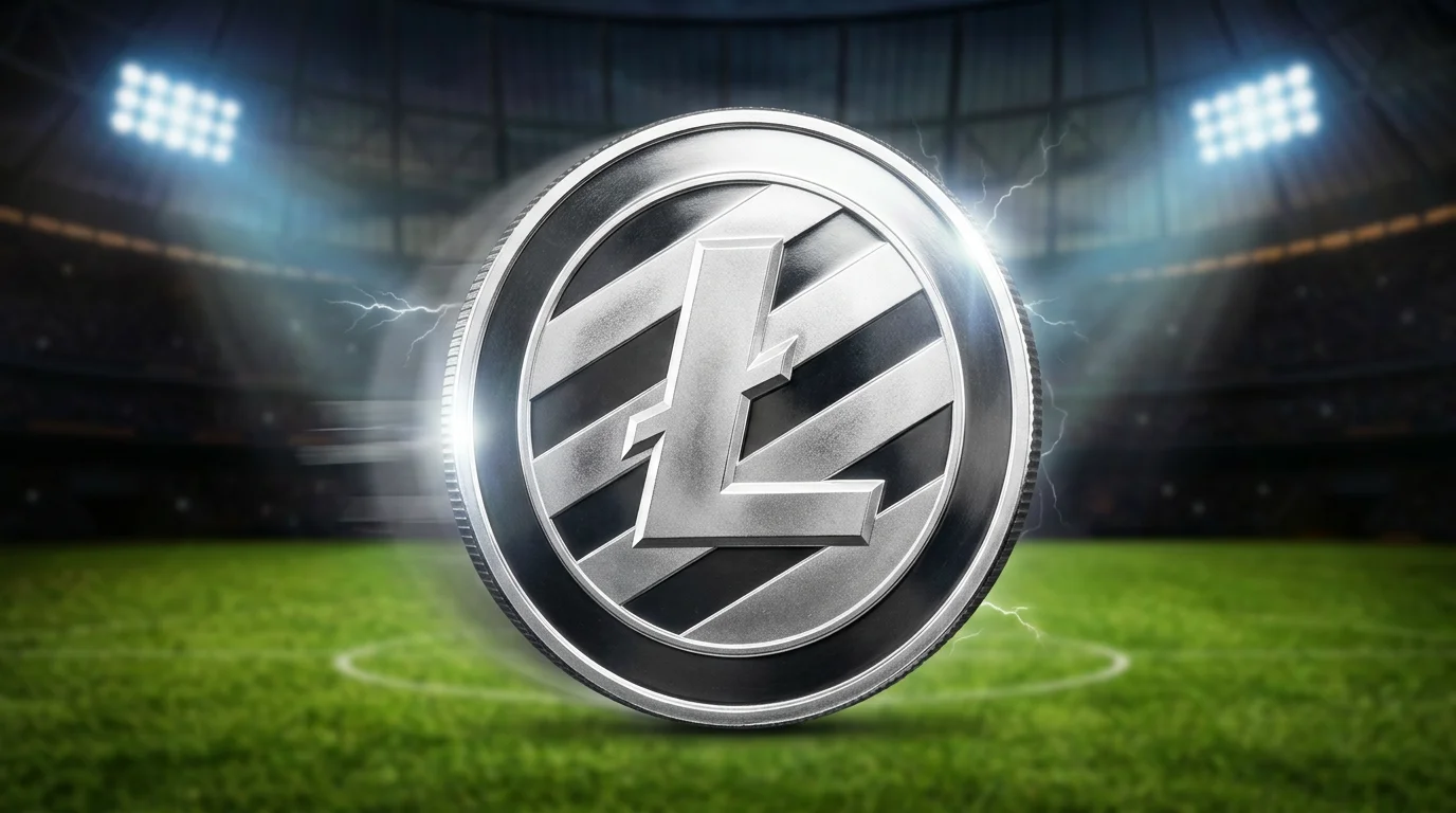 Paris sportifs Litecoin : pièce Litecoin argentée avec symbole éclair sur fond de stade