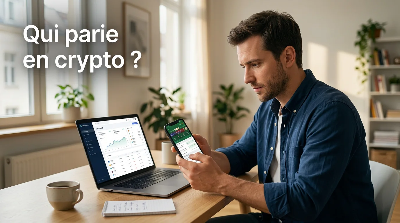 Profil du parieur crypto : jeune homme analysant ses paris sportifs sur smartphone avec portefeuille numérique