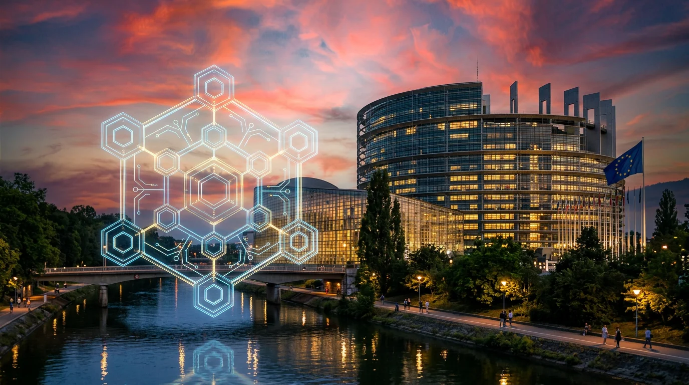 Régulation MiCA : bâtiment du Parlement européen avec symbole crypto en premier plan