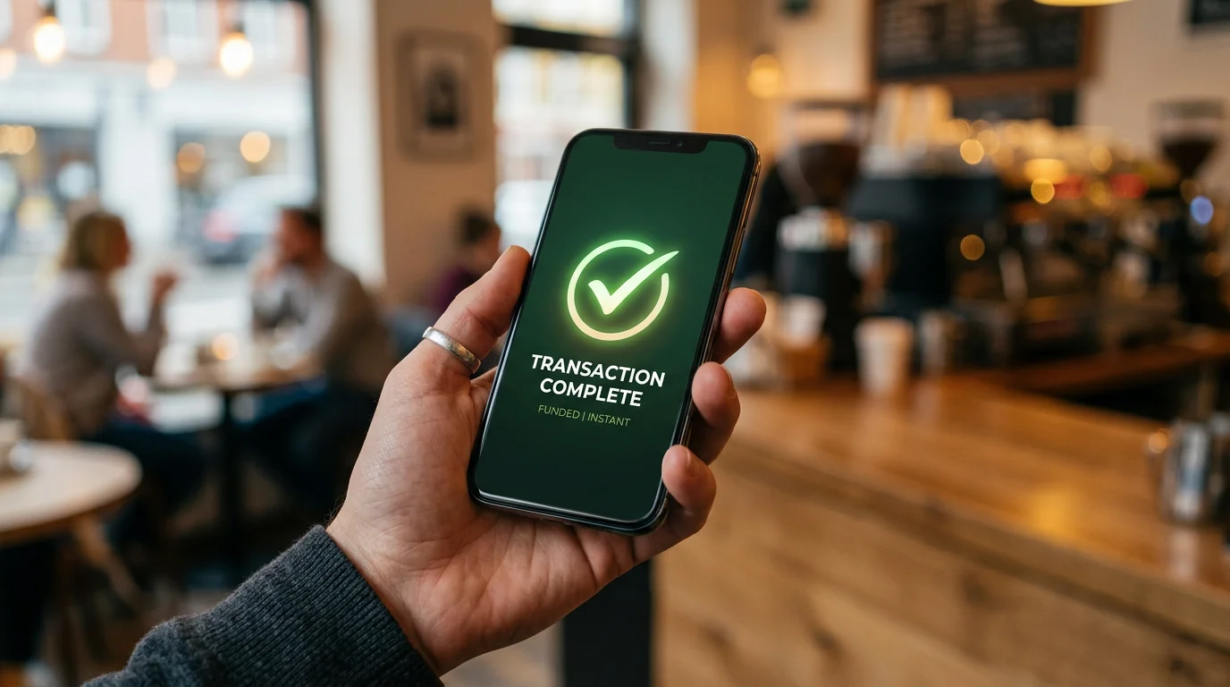 Retrait rapide crypto : main tenant smartphone avec notification de transaction confirmée