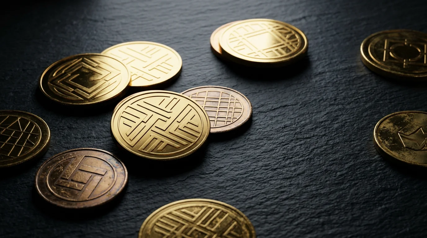 Tokens natifs de bookmaker crypto : jetons dorés avec symboles de plateforme sur fond sombre