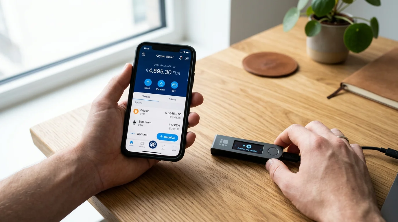 Wallet crypto pour paris sportifs : smartphone avec application portefeuille et clé hardware Ledger